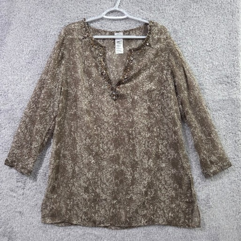Chicos Chiffon Tunic Womens 2 Large Sheer Brown Beaded Snake Print V-Neck Blouse